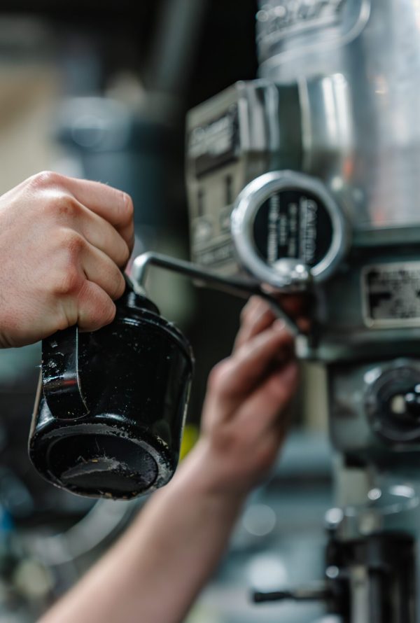 A person adjusts a lever on a large industrial machine, using one hand to grip a black handle and the other to steady the equipment. The setting appears to be a workshop or factory.